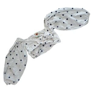 Farm Rio White Navy Blue Floral Embroidered Puff Sleeve Bow Front Crop Top M